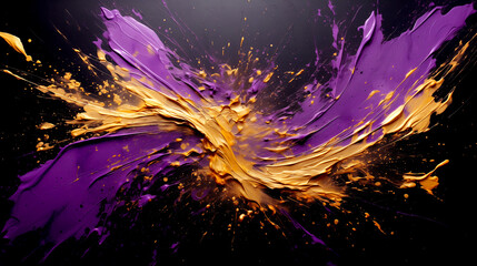 Wall Mural - Golden Flowing Wave with Golden Splashes on Purple Background