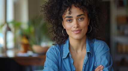 Wall Mural - Confident Young Businesswoman in Casual Denim. Smiling young woman with curly hair in a denim shirt, indoors with a blurred background.