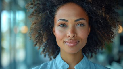 Wall Mural - Radiant Professional with Natural Curls. Close-up of a smiling woman with natural curly hair in a light office environment.