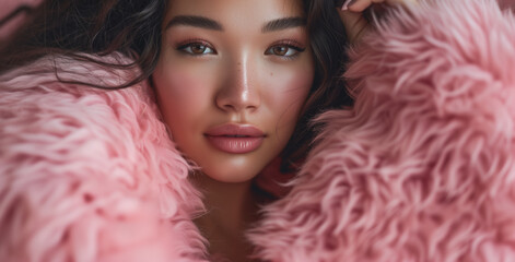 Wall Mural - Intimate close-up of a stunning woman with a gentle gaze, her face partially framed by a soft pink fur, creating a luxurious and serene portrait.