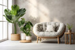 Grey snuggle chair against stucco wall. Boho home interior design of modern living room.