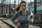 Fototapeta  - Young woman jogging in a grey athletic shirt, her hair streaming behind her, conveying movement and vitality.