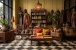 Boho Chic Boutique: Traditional Checkerboard Floors, Eclectic Displays, and Woven Textiles