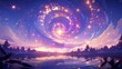 Digital landscape in anime style, with visual effects in the sky and a star in the center of the composition. AI. Digital art with a fantastical and surreal aesthetic.  For banner, wallpaper, prints