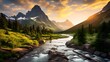 Panoramic view of the mountain river in the Canadian Rockies.