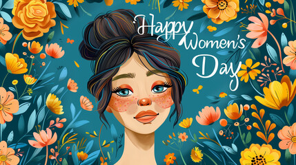 Wall Mural - International Women's Day background with copy space, Women's Day holiday, Spring background with text Happy Woman Day, face of woman with flowers