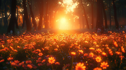 Poster - Forest and field at sunset.