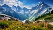 panoramic view of alpine meadow and mountains in summer