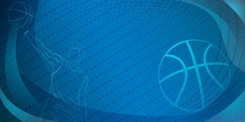 Basketball themed background in blue tones with abstract lines, curves and dots, with a male basketball player and ball