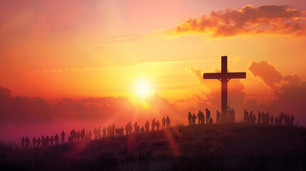 Silhouette of a cross and people symbolizing religion faith and beliefs