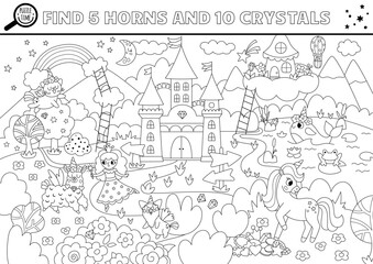 Wall Mural - Vector black and white unicorn searching game with magic village landscape. Spot hidden crystals and horns. Fantasy or fairytale world seek and find printable activity or coloring page for kids.