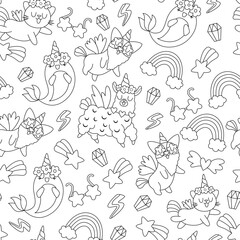 Wall Mural - Vector black and white seamless pattern for unicorn birthday party. Repeat background with fantasy animals with horns, falling star, crystal, rainbow. Fairytale digital paper or coloring page.