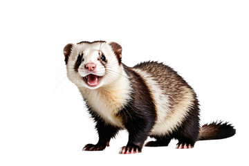 Wall Mural - Happy ferret, full body portrait, isolated against a pure white background, poised in a playful stance, capturing the texture of its fur, professional studio lighting accentuating the ferret's lively 