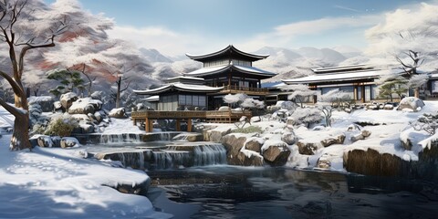 Wall Mural - Onsen ryokan or a traditional classic modern Japanese house with Japanese garden in wintertime.