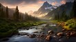 Panorama of a mountain river in the mountains at sunset. Beautiful summer landscape.