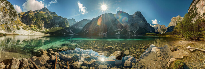 Wall Mural - the bright sun and clear water in the beautiful mountains, generative AI