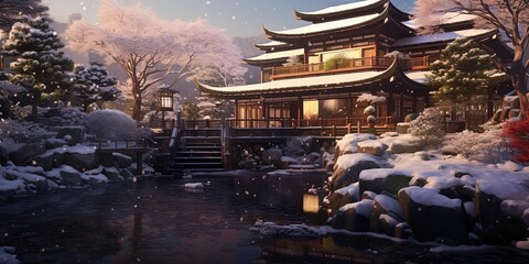 Wall Mural - Onsen ryokan or a traditional classic modern Japanese house with Japanese garden in wintertime.