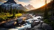 Panoramic view of a mountain stream in Glacier National Park, Montana.