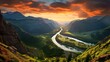 Mountain landscape with river at sunset. Panoramic view.