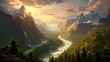 Panorama of the mountain river in the valley at sunset, Russia