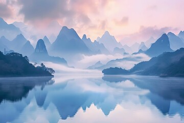 Wall Mural - Serene Tranquility, Chinese, mountain range, dawn, pastel colors