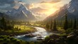 Panoramic view of the river and mountains at sunset. Mountain landscape