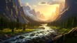 Beautiful panoramic view of the mountain river at sunrise.