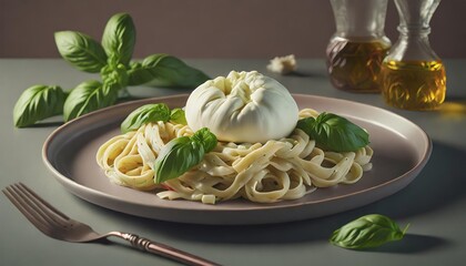 Wall Mural - basil pasta with burrata cheese on a plate