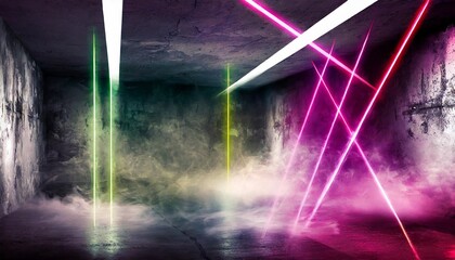 Wall Mural - empty concrete basement neon light spotlights smoke generation