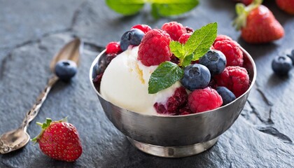 Wall Mural - semifreddo with berries in the metal dessert bowl on the stone vertical