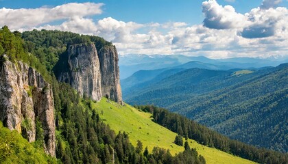 Wall Mural - beautiful mountain cliffs against the backdrop of mountain hills with forests and glades