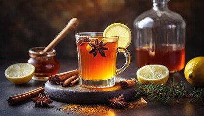 Wall Mural - hot toddy hot whiskey with lemon honey and spices on a dark background