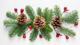 Fototapeta Do pokoju - flat lay composition with winter fir branches cones holly isolated on white background