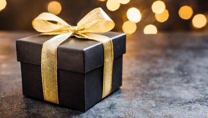 Wall Mural - black gift box with golden ribbon and bow on isolated dark bokeh background