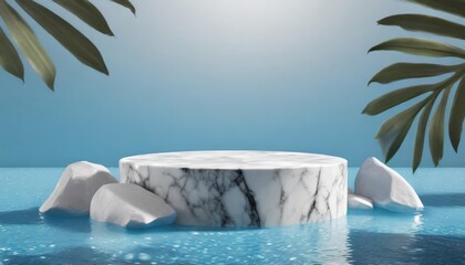 Wall Mural - podium water background product display scene 3d marble stand stone summer platform mockup background water beauty white podium rock space cosmetic stage blue presentation nature light pool black