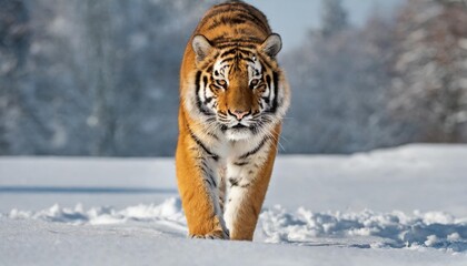 Wall Mural - siberian tiger walking in the snow front shot