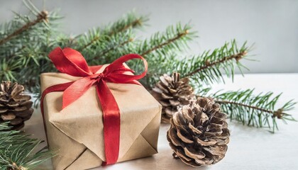 Wall Mural - christmas presents with gift box decorated with pine cones and twigs on white background preparation for holidays selective focus