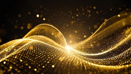 Wall Mural - luxury golden wave of lights and sparkle elegant fluid data transfer technology bokeh gold swirl on black background dust particles card for luxury greetings business technology