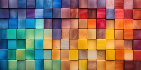 Poster - Spectrum of stacked multi-colored wooden blocks. Background or cover for something creative, diverse, expanding, rising or growing