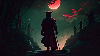 Wall Mural - Japanese warrior samurai walk in forest footage. The terrifying ronin stands in the forest at night. Black silhouette of a Japanese shogun against the night forest. 