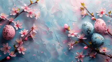 Wall Mural - Easter eggs with cherry blossom branches on blue background. Happy Easter card