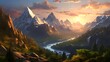 Beautiful panoramic view of mountains and river at sunset.