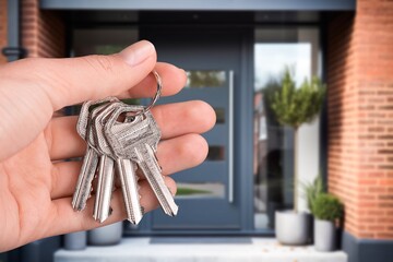 Wall Mural - Human hand hold key for unlocking new house