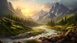 Fantastic panoramic view of the mountain river. Dramatic and picturesque scene. Beauty world.