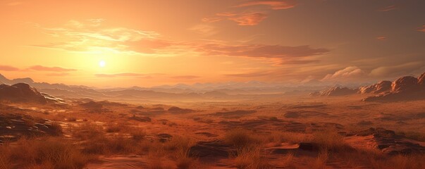 Wall Mural - Cinematic African landscape. Sahara grasslands. Sunrise over the desert plains.