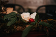 white and red rustic dark wedding table floral arrangement  