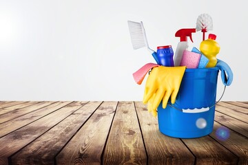 Wall Mural - Brushes, cleaning liquids, bottles, sponges and gloves for Cleaning service
