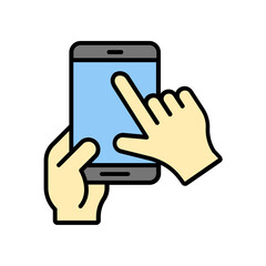 Poster - hand with smartphone. lineal color icon