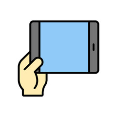 Poster - hand with tablet. lineal color icon