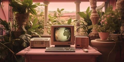 Poster - Vintage computer setup with a scenic pink atrium view in the background, giving a nostalgic vibe
